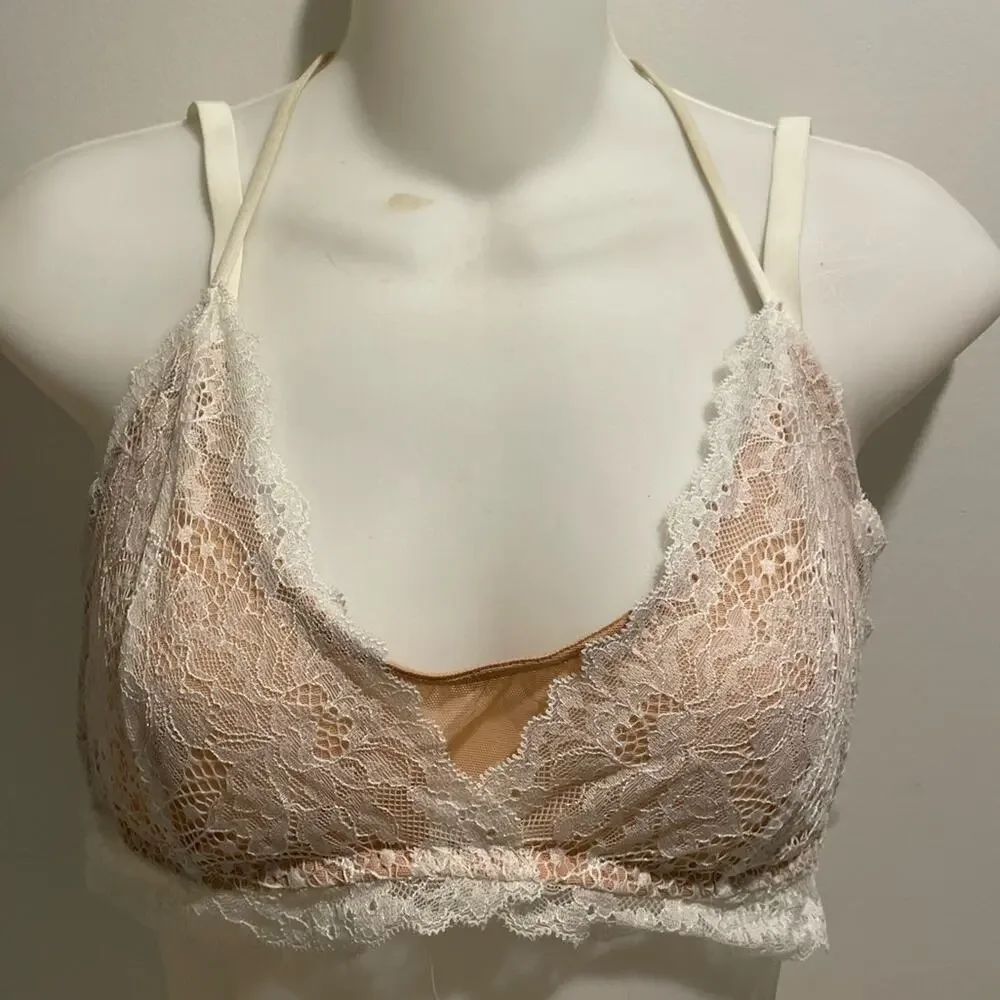 Soma Brand Tell Tale Wireless Bralette Tan & White Lace Size Medium